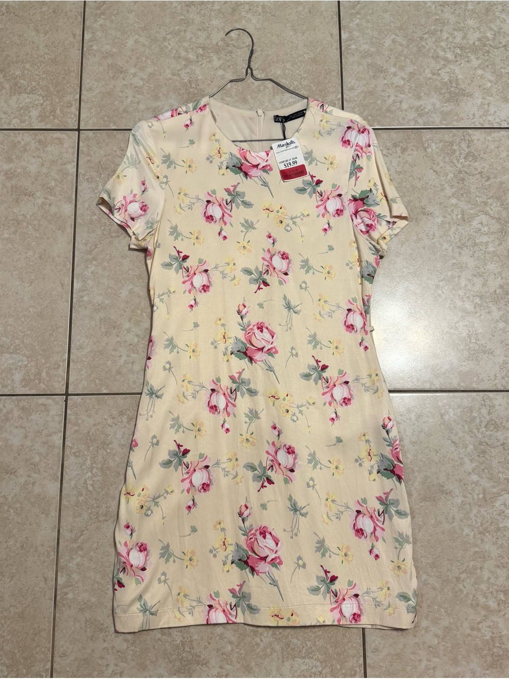 Zara Cream Floral Shift Dress with Pink Roses
